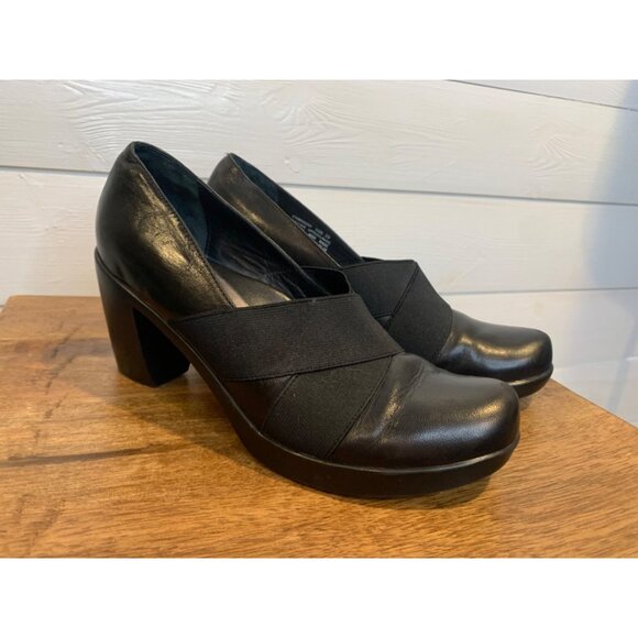 Dankso Tori Nappa Leather Pumps Size 39 Black Block Heel Comfort Shoes Elastic - Picture 2 of 7